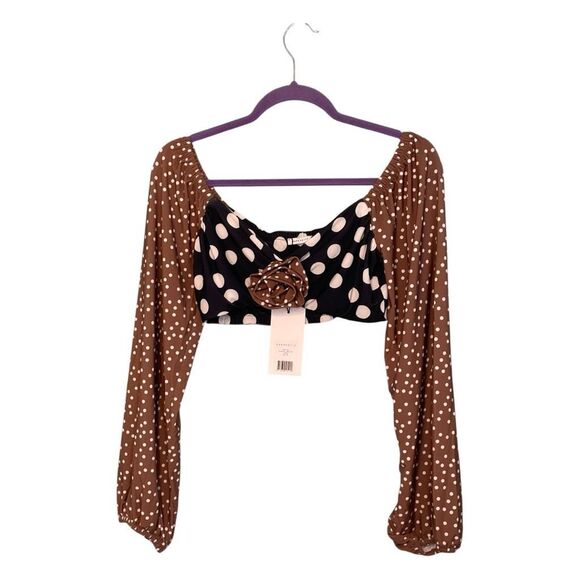 Saks Potts Sophie Cropped Polka Dot Blouse Black White Brown Long Sleeve XS - Picture 2 of 9